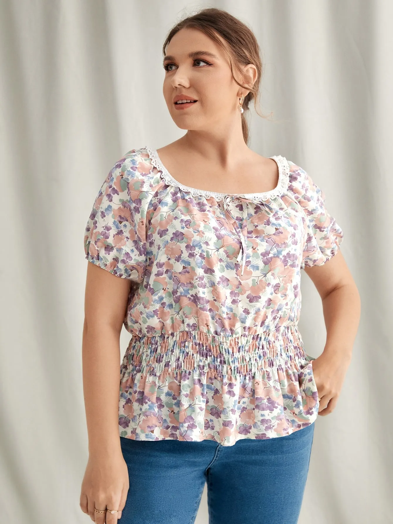 All Over Print Eyelet Embroidery Short Sleeve Scoop Neck Flared Regular Plus Size Blouse