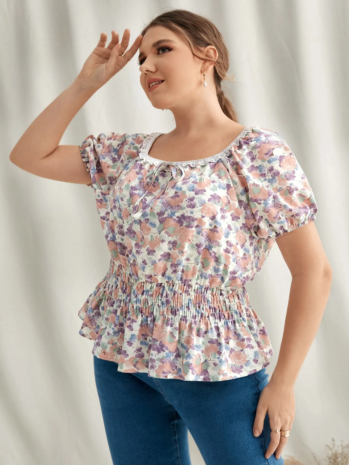 All Over Print Eyelet Embroidery Short Sleeve Scoop Neck Flared Regular Plus Size Blouse