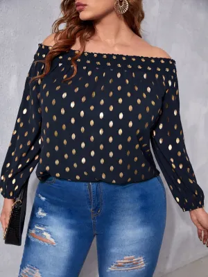 All Over Print Long Sleeve Off The Shoulder Regular Plus Size Blouse