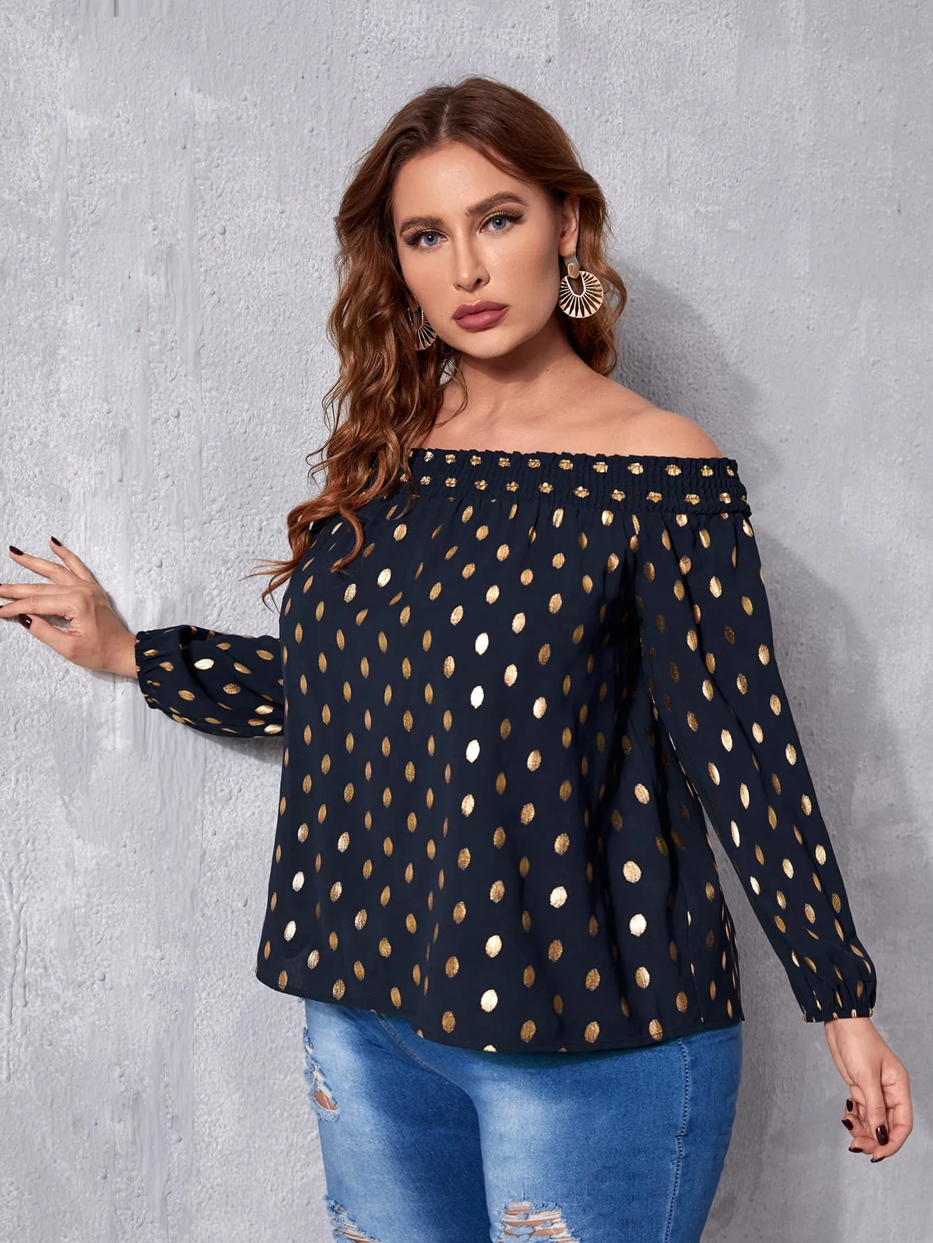 All Over Print Long Sleeve Off The Shoulder Regular Plus Size Blouse
