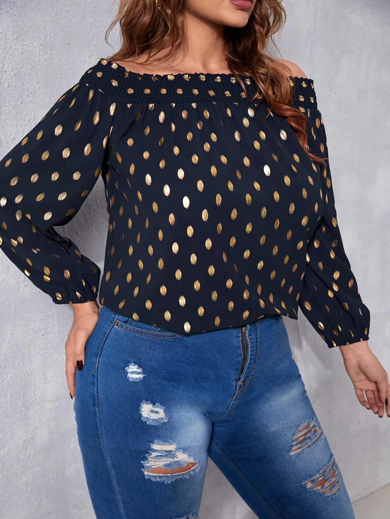 All Over Print Long Sleeve Off The Shoulder Regular Plus Size Blouse