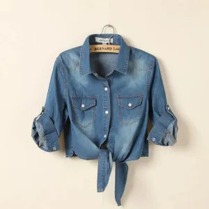 Autumn Women's Denim Shirt – 3/4 Sleeve Lace-Up Crop Top, Casual Jeans Blouse for Ladies