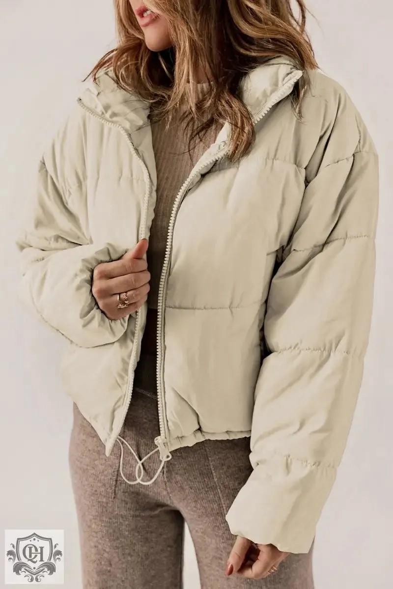 Black Zip Up Drawstring Hem Puffer Jackets