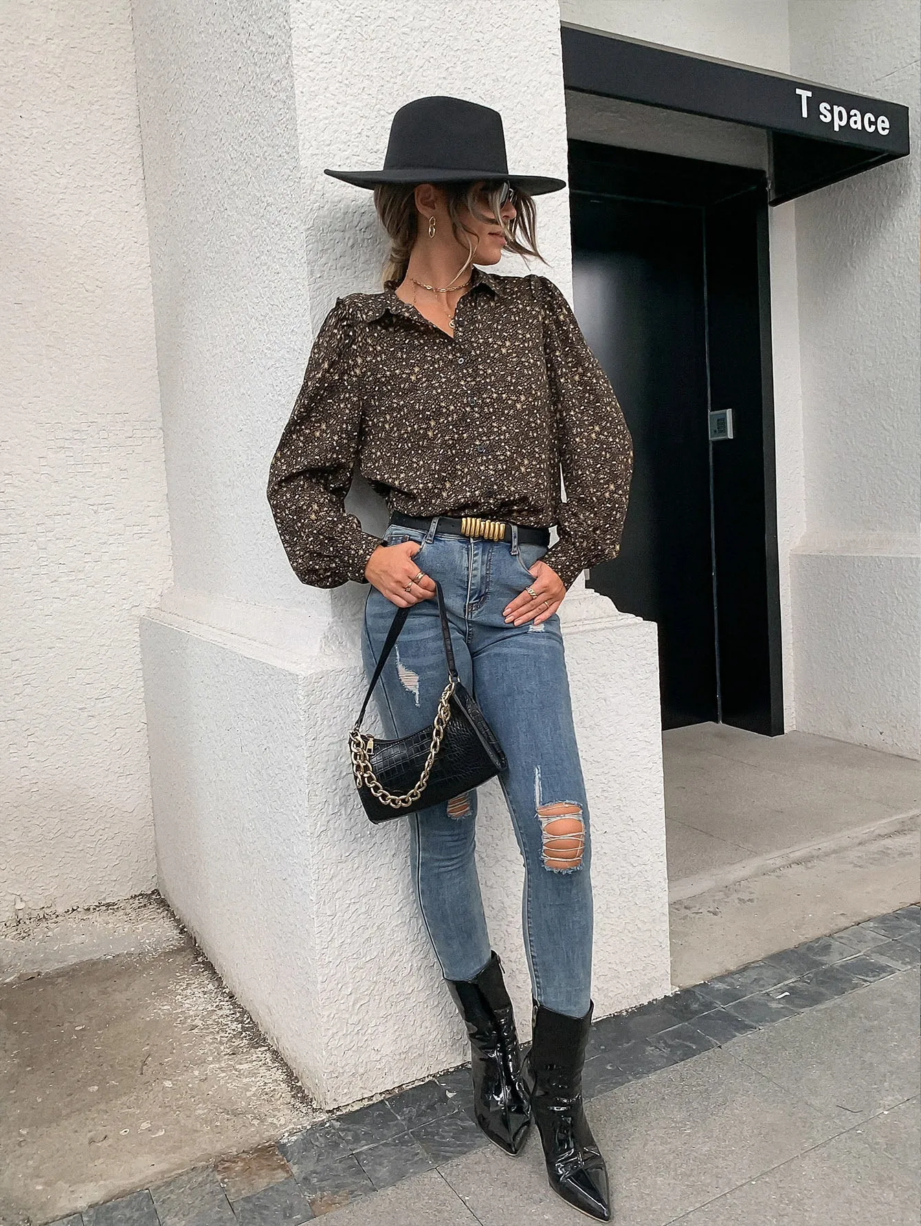 Boho Ditsy Floral Button Front Long Sleeve Collar Regular Blouse