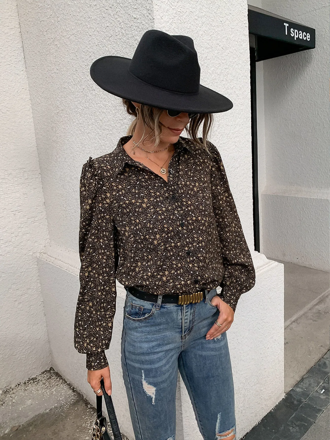 Boho Ditsy Floral Button Front Long Sleeve Collar Regular Blouse