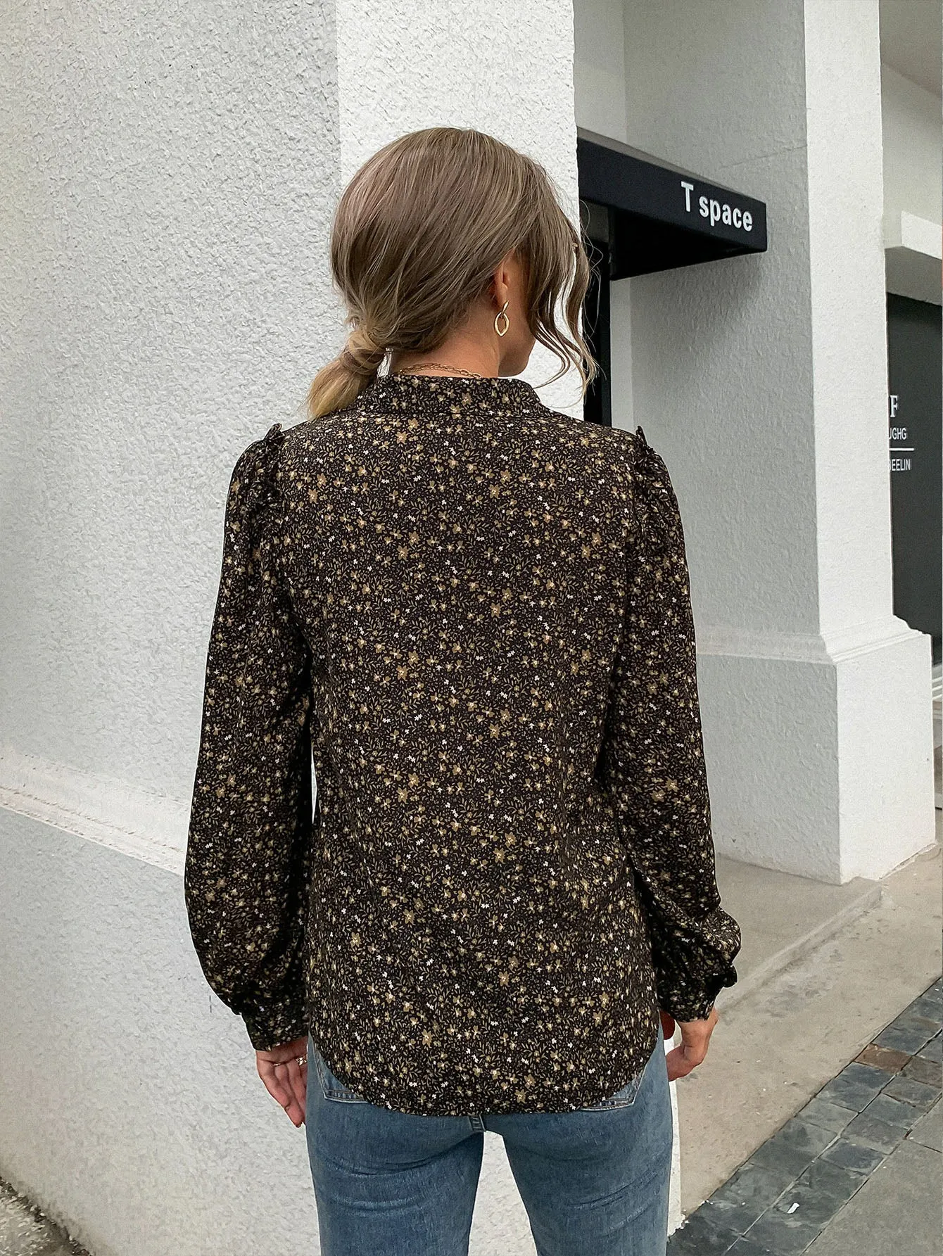 Boho Ditsy Floral Button Front Long Sleeve Collar Regular Blouse