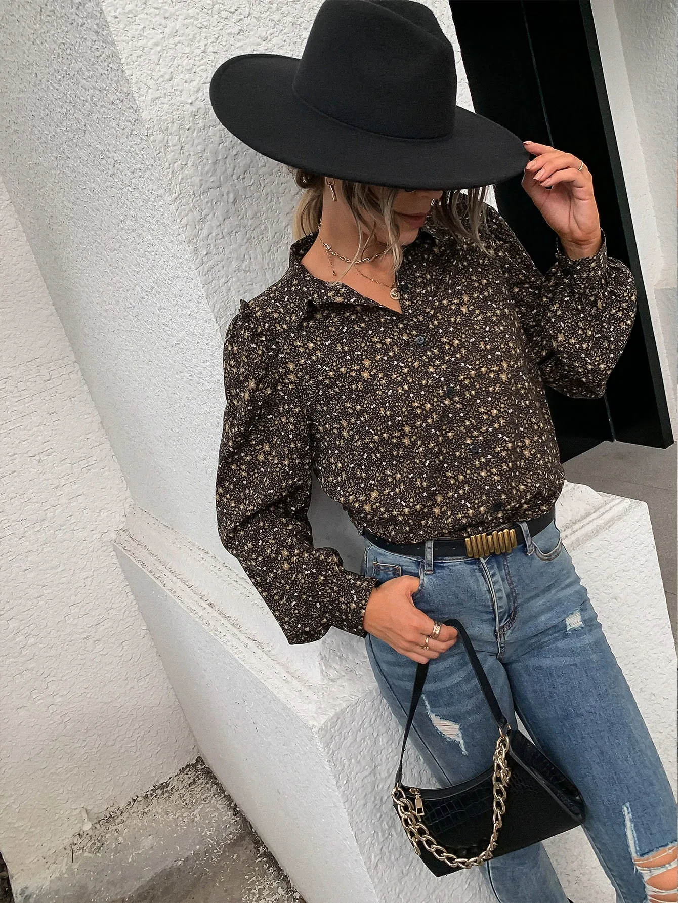 Boho Ditsy Floral Button Front Long Sleeve Collar Regular Blouse