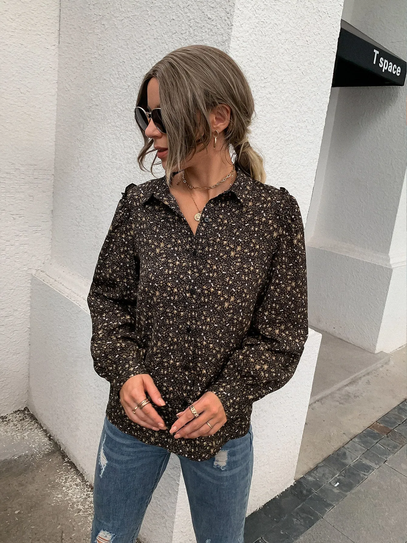 Boho Ditsy Floral Button Front Long Sleeve Collar Regular Blouse