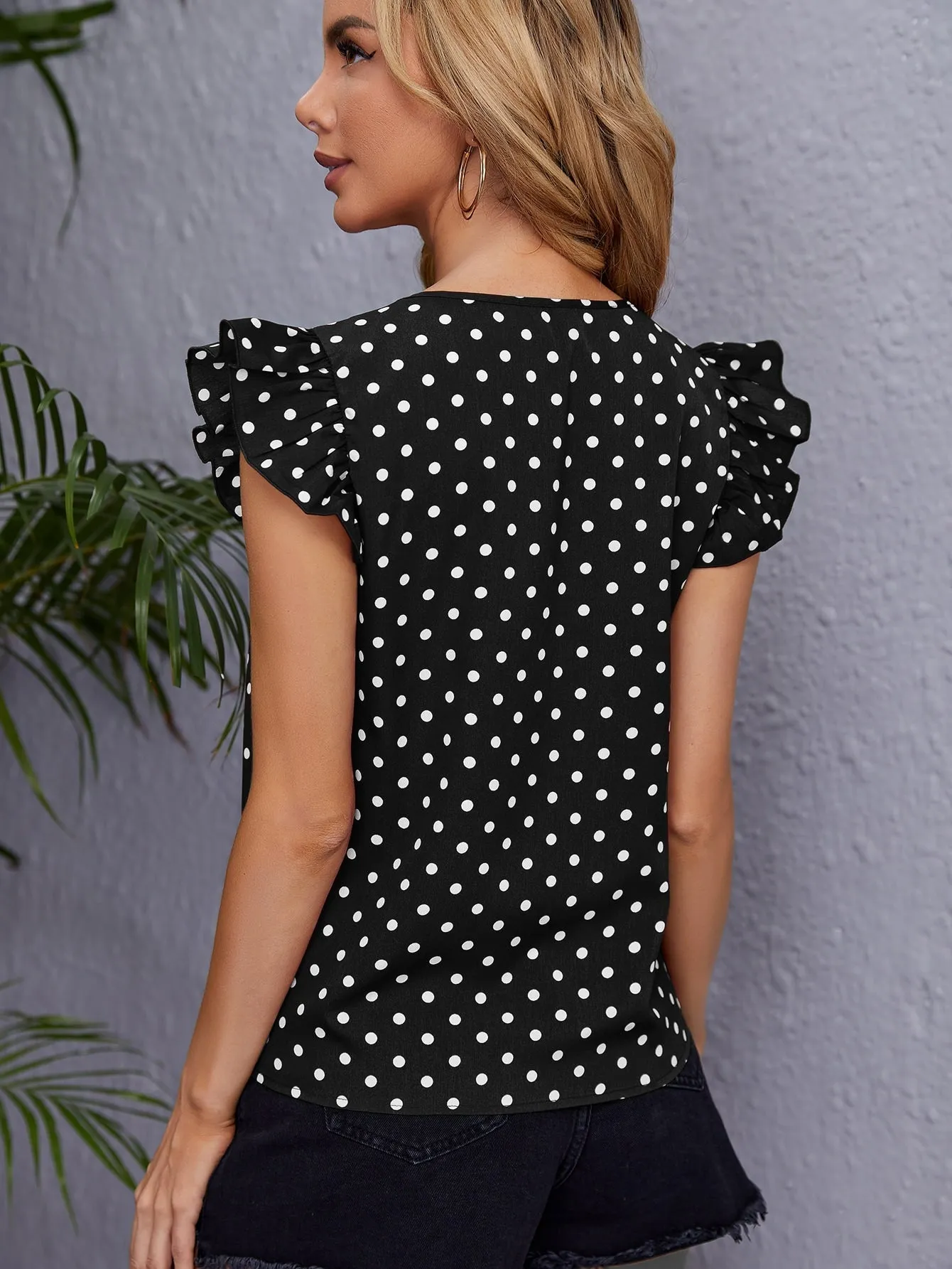 Clasi Polka Dot Ruffle Trim Blouse