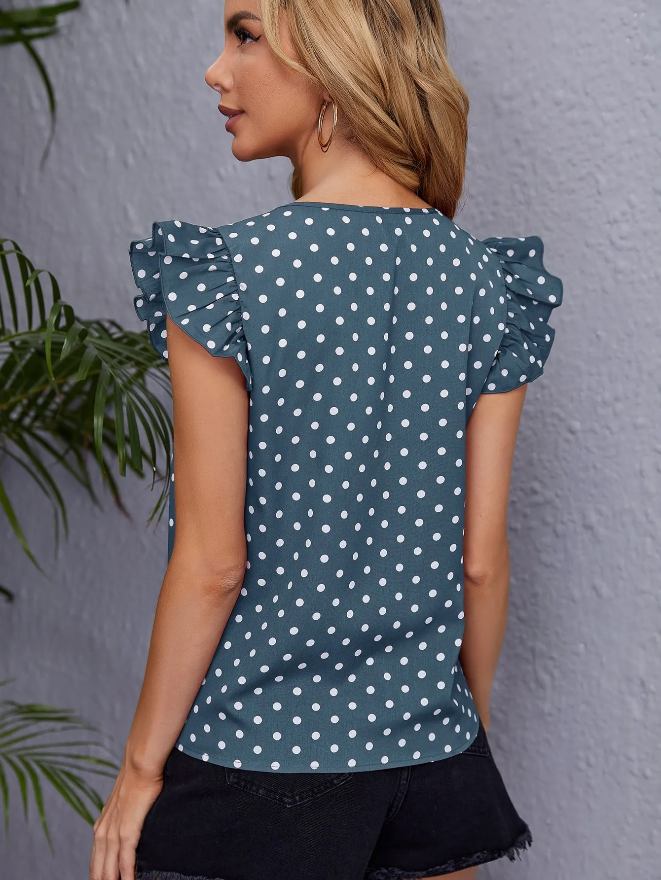 Clasi Polka Dot Ruffle Trim Blouse