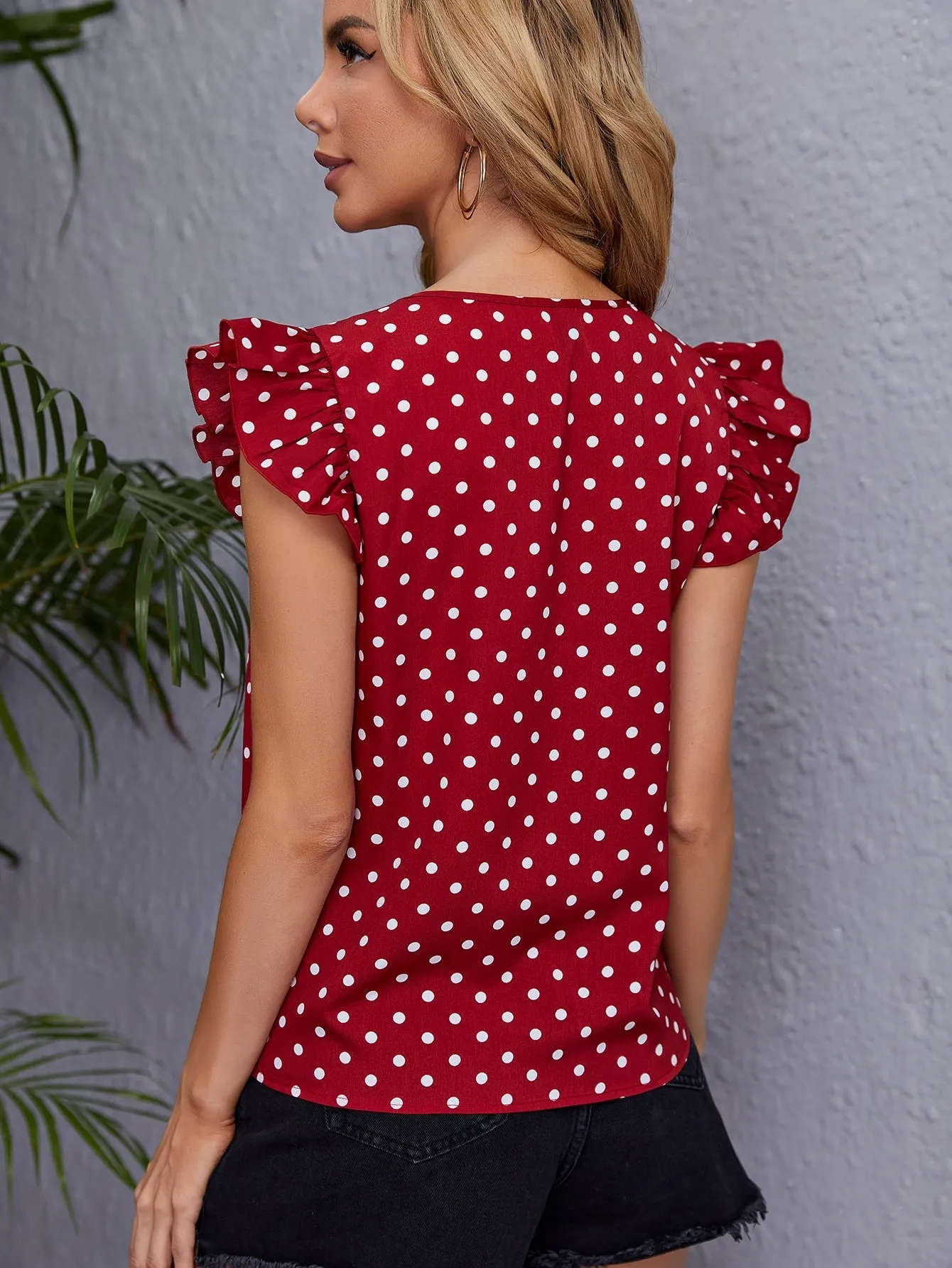 Clasi Polka Dot Ruffle Trim Blouse
