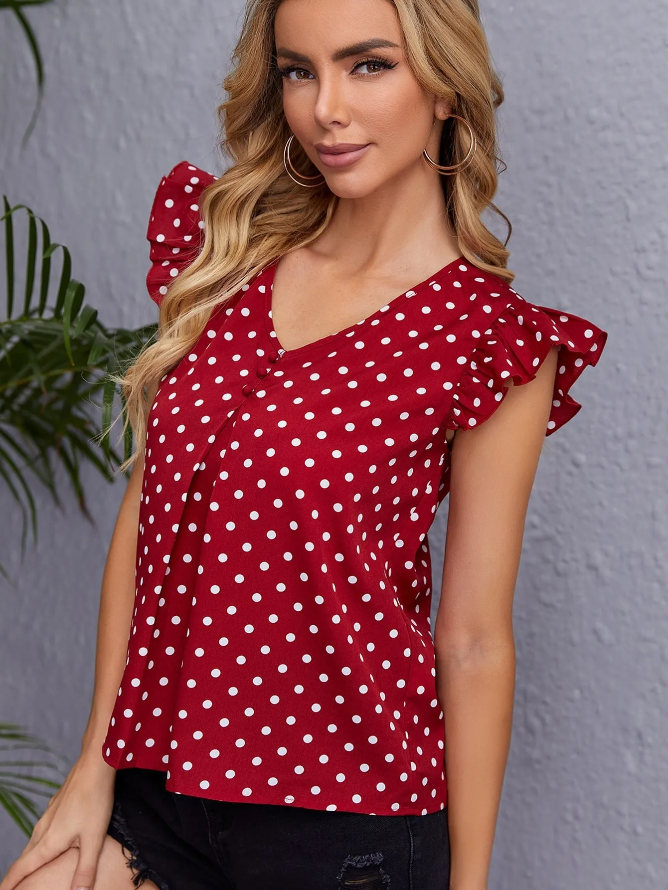Clasi Polka Dot Ruffle Trim Blouse