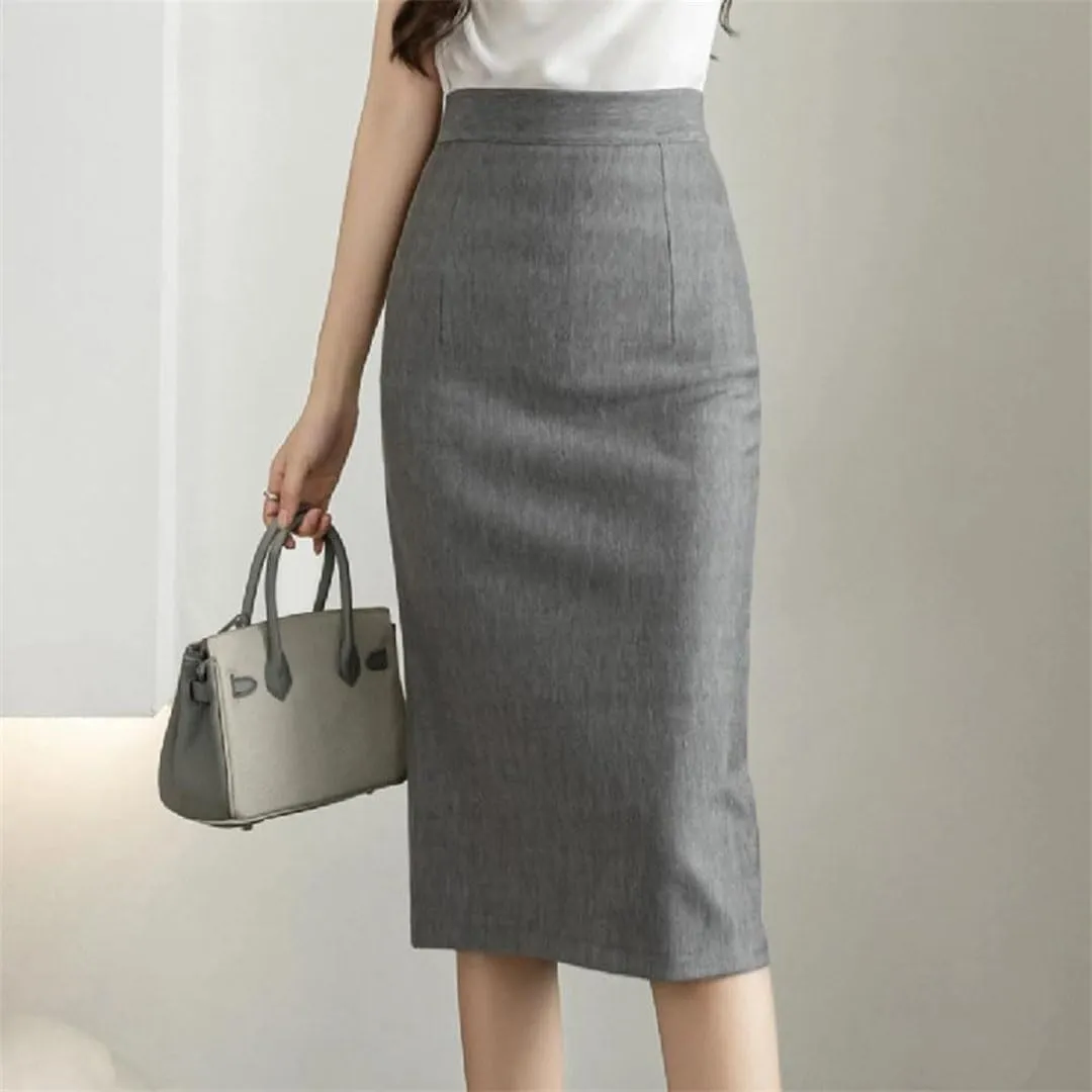 Classic Vintage Gray Stretch Pencil Skirts for Women Office Formal Black Midi Skirts Elegant Package Hip Skirts
