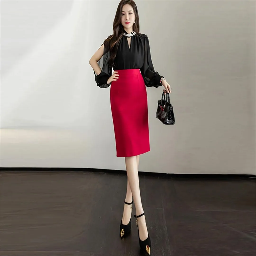 Classic Vintage Gray Stretch Pencil Skirts for Women Office Formal Black Midi Skirts Elegant Package Hip Skirts