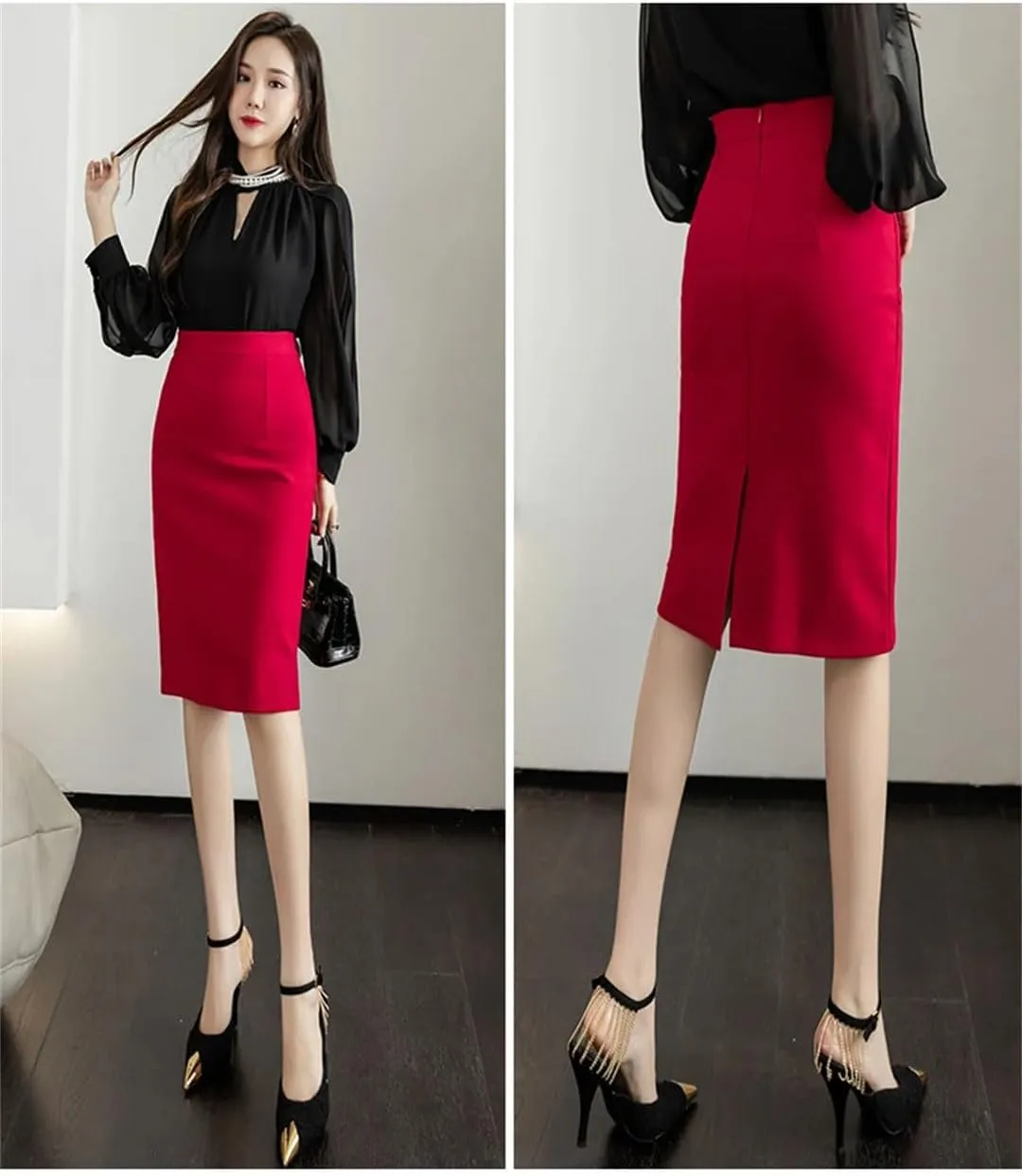 Classic Vintage Gray Stretch Pencil Skirts for Women Office Formal Black Midi Skirts Elegant Package Hip Skirts
