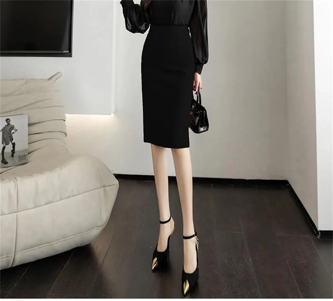 Classic Vintage Gray Stretch Pencil Skirts for Women Office Formal Black Midi Skirts Elegant Package Hip Skirts