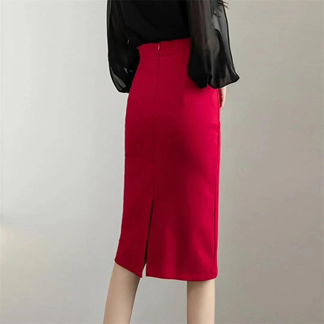 Classic Vintage Gray Stretch Pencil Skirts for Women Office Formal Black Midi Skirts Elegant Package Hip Skirts