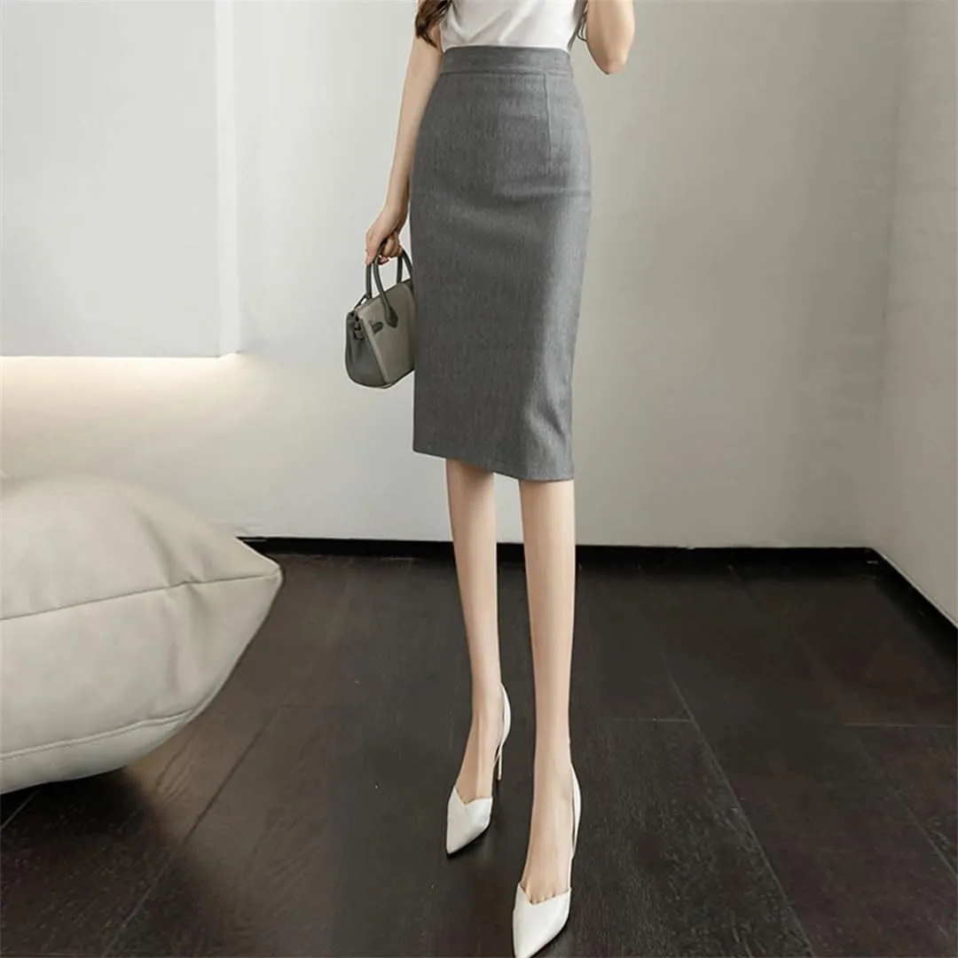Classic Vintage Gray Stretch Pencil Skirts for Women Office Formal Black Midi Skirts Elegant Package Hip Skirts