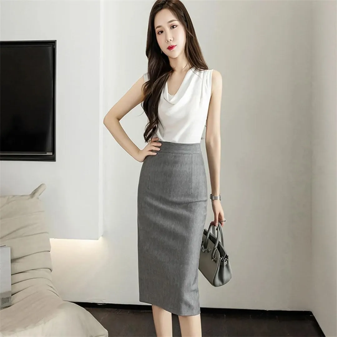 Classic Vintage Gray Stretch Pencil Skirts for Women Office Formal Black Midi Skirts Elegant Package Hip Skirts
