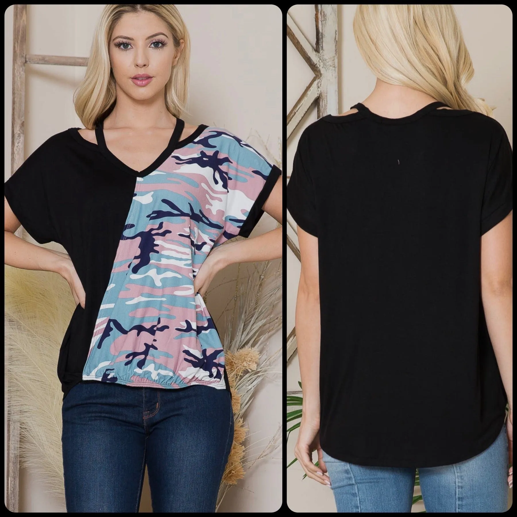 Cold Shoulder Camouflage Print Wrap With Elastic Front With Lower Back