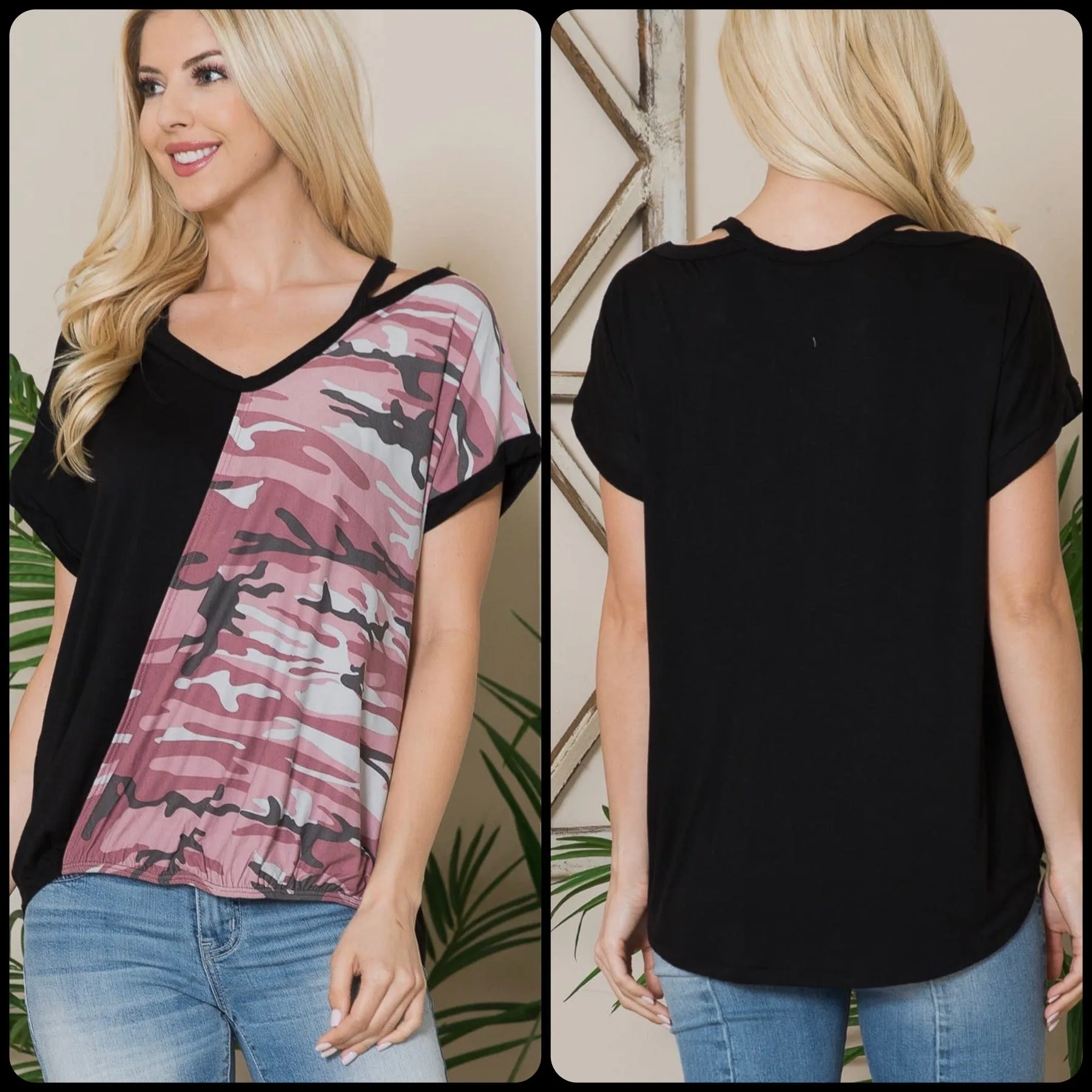 Cold Shoulder Camouflage Print Wrap With Elastic Front With Lower Back