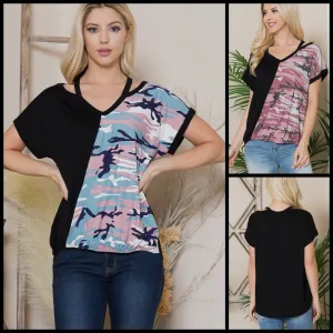 Cold Shoulder Camouflage Print Wrap With Elastic Front With Lower Back