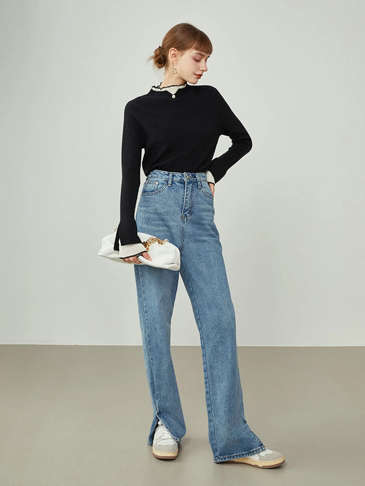 Contrast Trim Mock Trendy Neck Knit Top