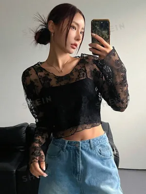 DAZY Women's Sheer Lace Blouse For Party And School Events