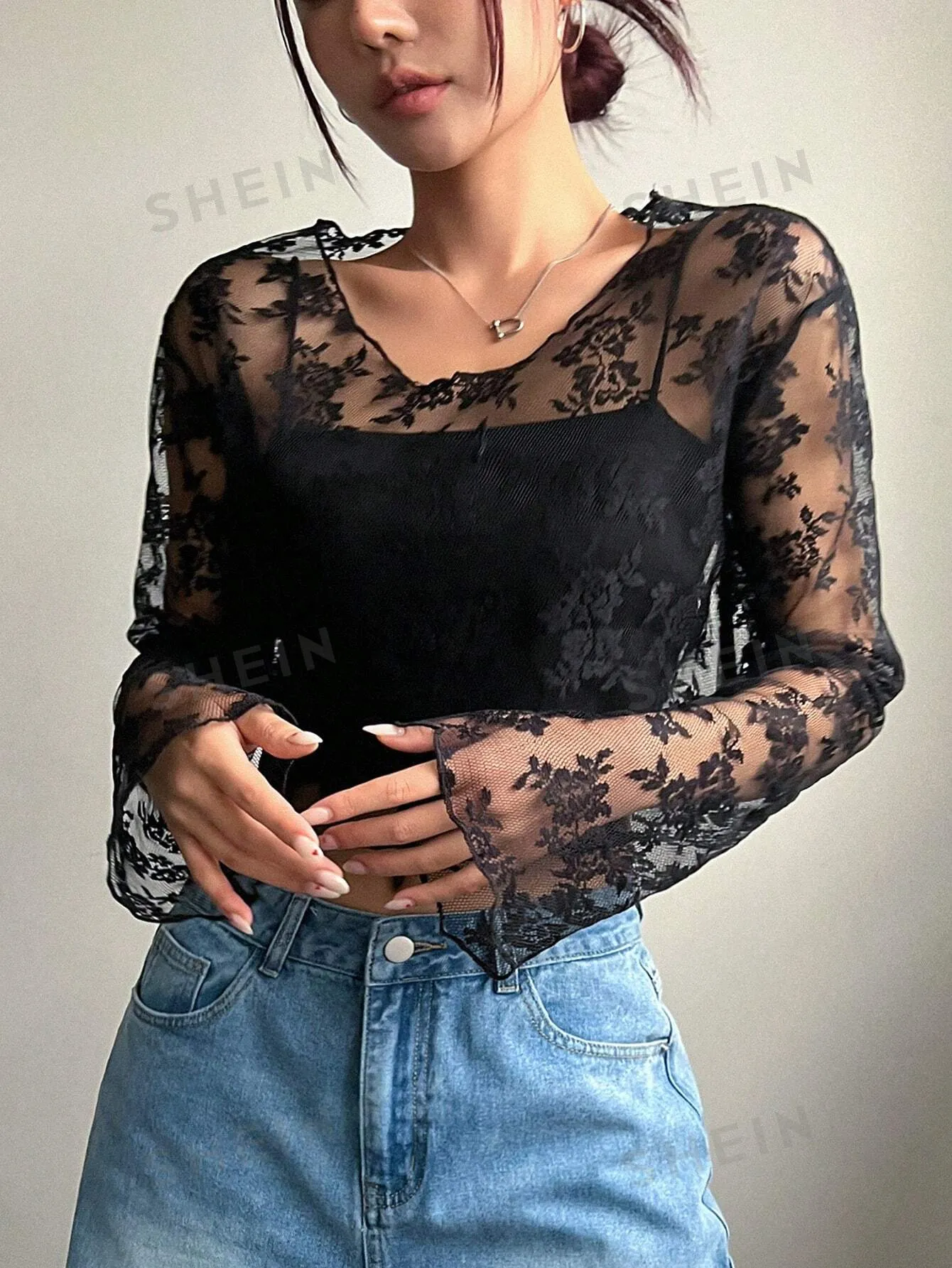 DAZY Women's Sheer Lace Blouse For Party And School Events