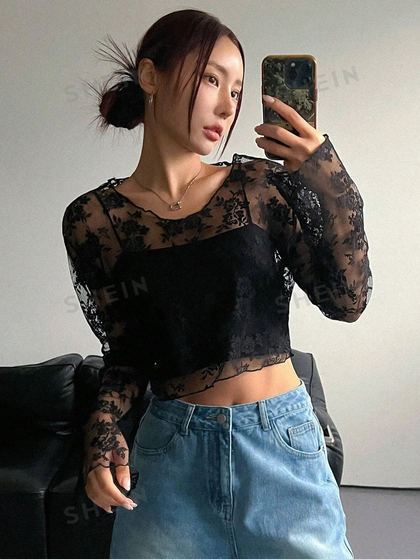 DAZY Women's Sheer Lace Blouse For Party And School Events