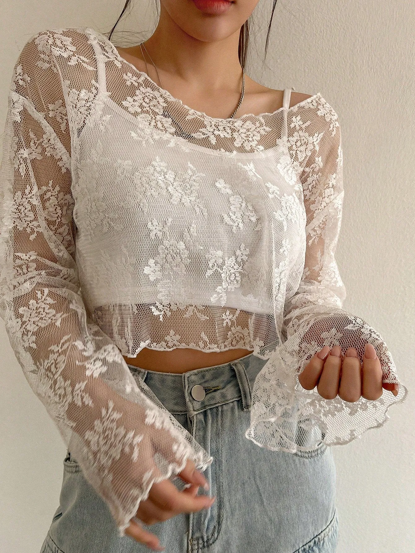 DAZY Women's Sheer Lace Blouse For Party And School Events
