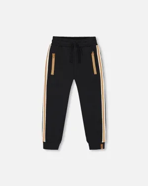 Deux Par Deux Fleece Sweatpants with Contrast Side Rib Band & Zip Pockets in Anthracite