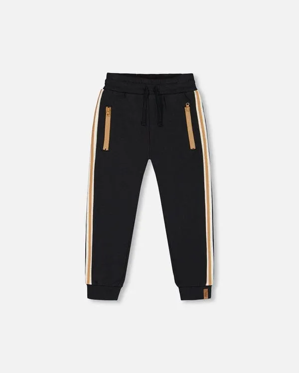Deux Par Deux Fleece Sweatpants with Contrast Side Rib Band & Zip Pockets in Anthracite