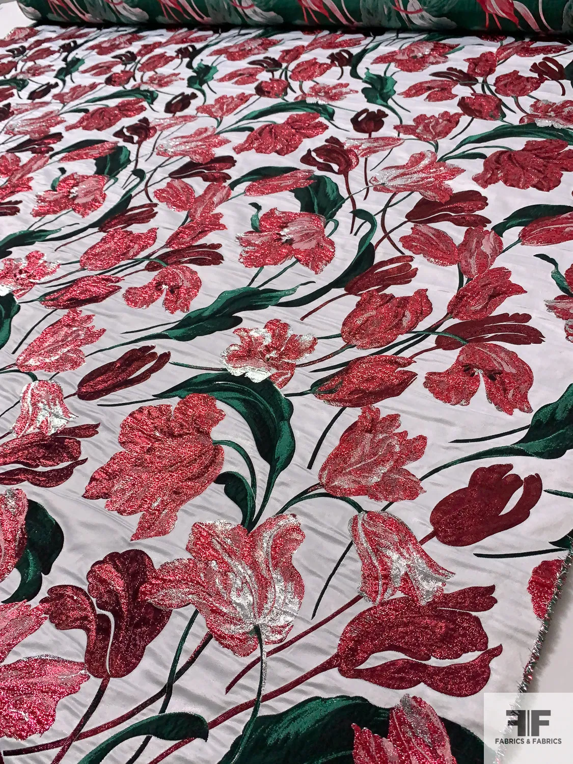 Famous NYC Designer Floral Metallic Brocade - Metallic Magenta / Evergreen / Silver