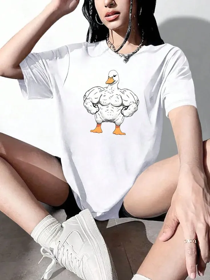 Fashionable Duck Print Spring/Summer Casual Sports Short Sleeve Round Neck Women's T-Shirt For Running And Fitness