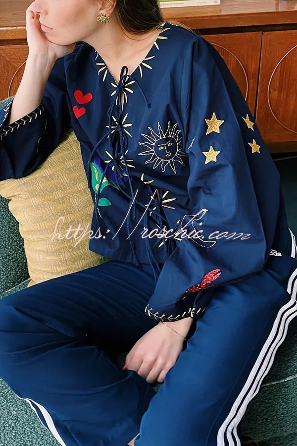 Fashionable Embroidered Lace-up Long-sleeved Loose Top