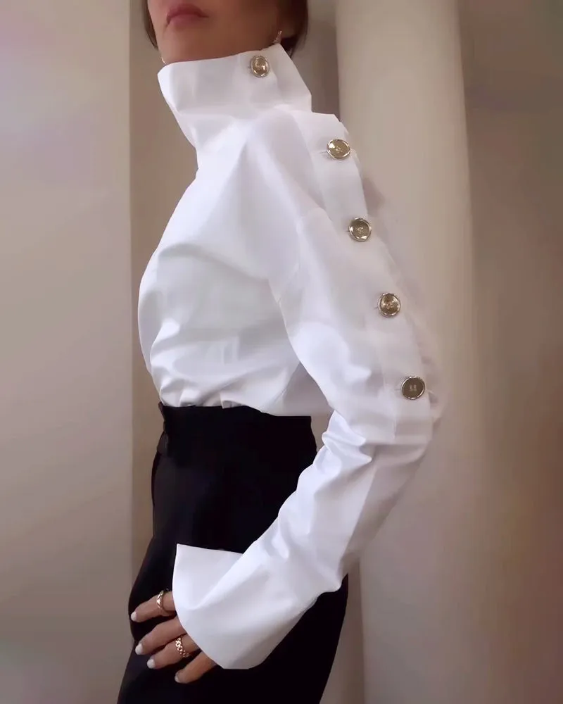 Fashionable High Collar Metal Button Shirt