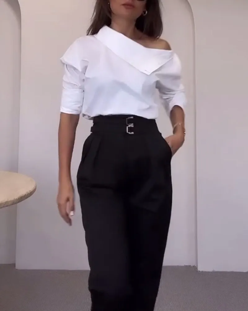 Fashionable High Collar Metal Button Shirt