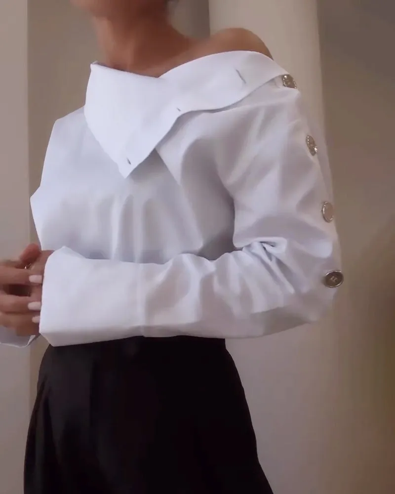 Fashionable High Collar Metal Button Shirt