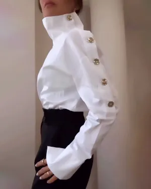 Fashionable High Collar Metal Button Shirt