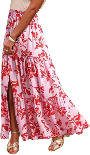 Floral Maxi Skirts for Women Summer Elastic High Waisted Flowy A Line Casual Boho Slit Long Beach Vacation Skirt