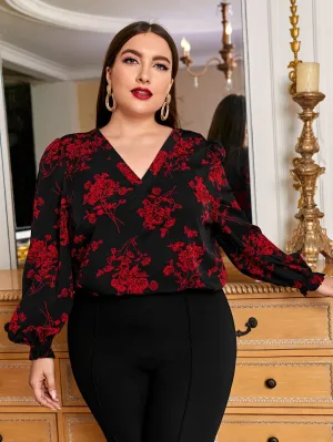 Floral Ruffle Long Sleeve V Neck Regular Plus Blouse