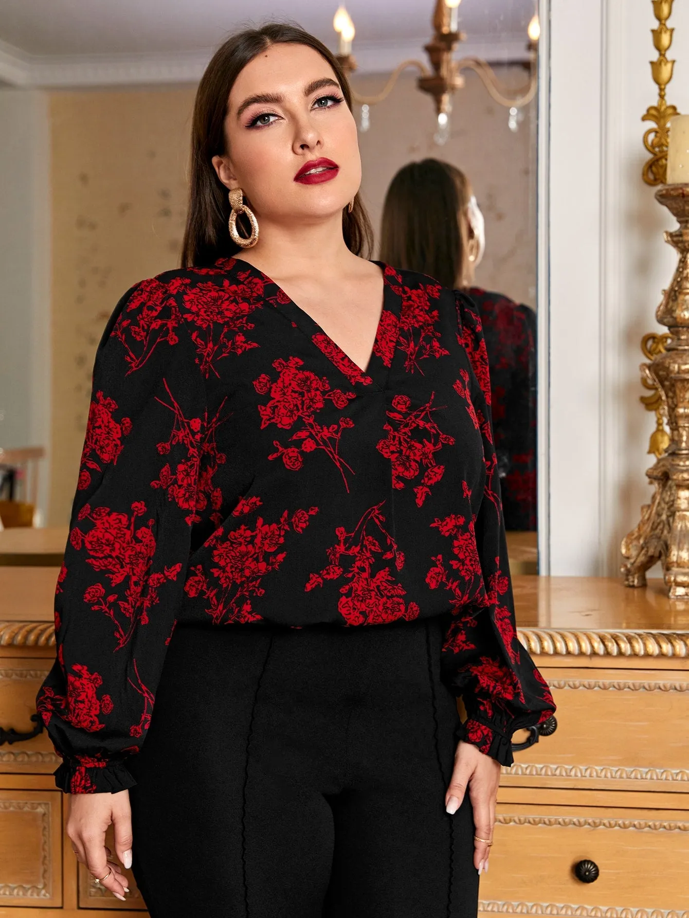 Floral Ruffle Long Sleeve V Neck Regular Plus Blouse