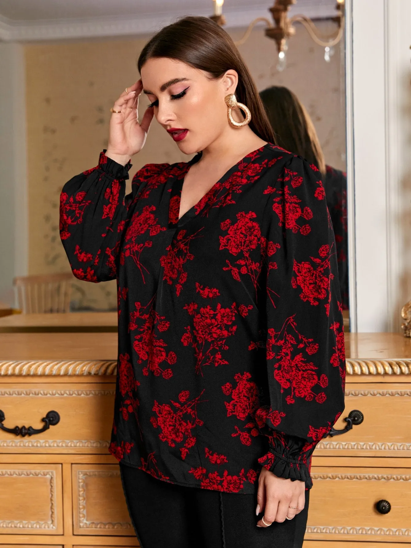 Floral Ruffle Long Sleeve V Neck Regular Plus Blouse