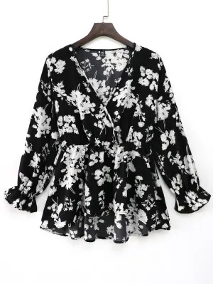 Floral Wrap Long Sleeve V Neck Regular Plus Size Blouse