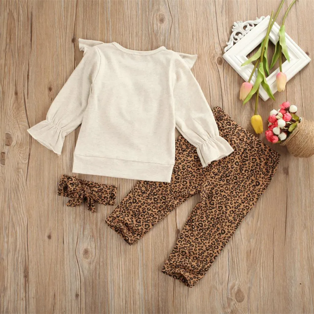 Girls Flared Sleeve Solid T-shirts & Leopard Trousers & Headband