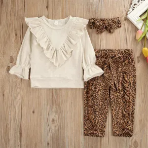 Girls Flared Sleeve Solid T-shirts & Leopard Trousers & Headband