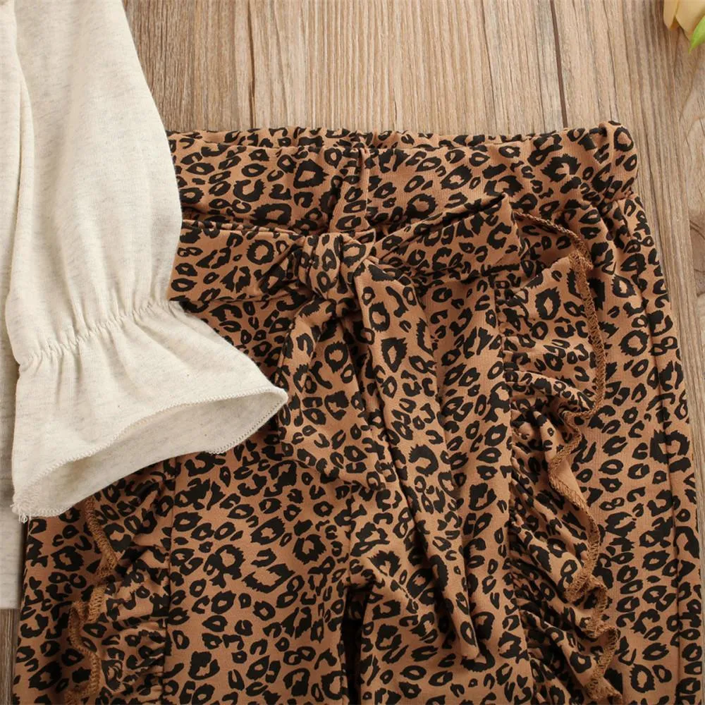 Girls Flared Sleeve Solid T-shirts & Leopard Trousers & Headband