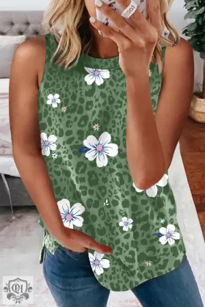 Green Crew Neck Floral Leopard Print Tank Top