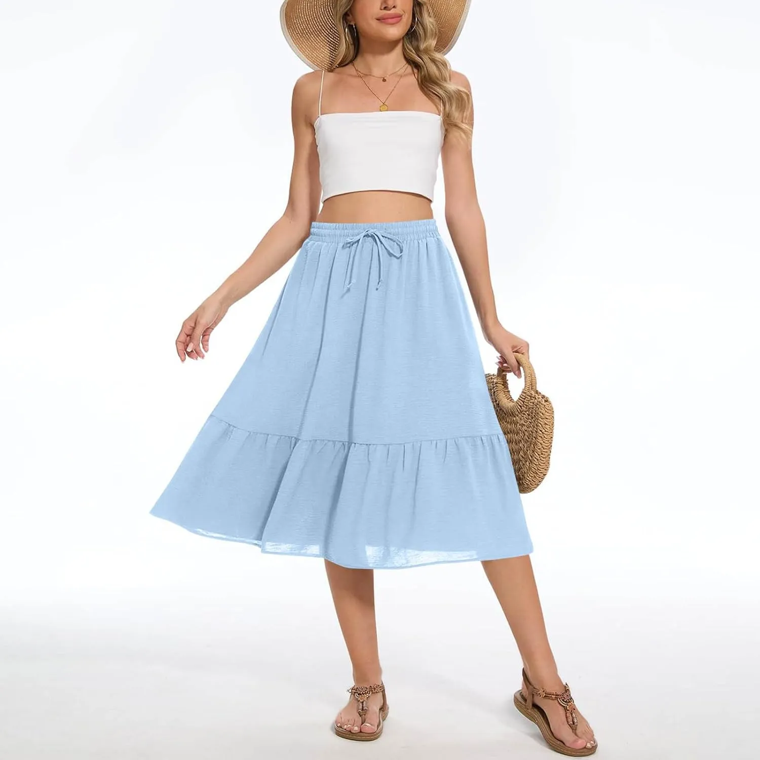 HGps8w Women's 2025 Summer Linen Midi Skirt, Trendy Casual Drawstring A-Line Elastic Waist Beach Dress Skirts with Pockets
